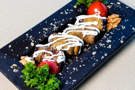 Fried Stuffed Aubergines with White Cheese Salad Recipe